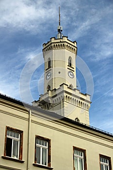 Schneeberg, Germany - March 26, 2024: Town hall of Schneeberg town in the Ore Mountains, Saxony