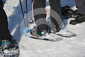 Snowshoe hikers on Mountain Feuerkogel in the Salzkammergut Gmunden District, Upper Austria, Austria photo