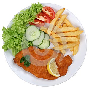 Schnitzel chop cutlet meal with french fries on plate isolated