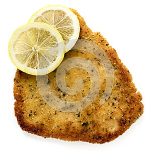 Schnitzel with Lemon Top View Isolated