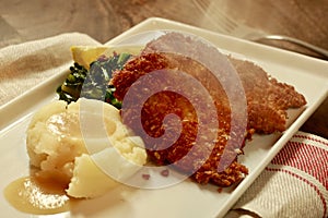 Schnitzel with Mashed Potatos on a white plate