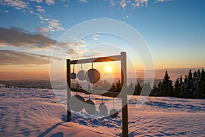Schoeckl - A wooden frame with round plates hanging from it located at the top of snow covered peak of Schoeckl, Austrian Alps