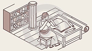 Scholar Studying Ancient Scrolls in a Library, Historical Research. vector design Generative AI