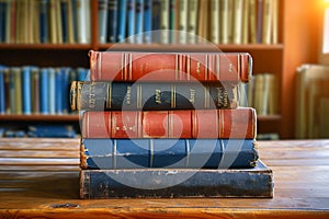 Scholarly collection Book stack on a wooden table background