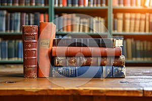 Scholarly collection Book stack on a wooden table background