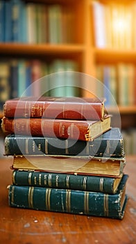 Scholarly collection Book stack on a wooden table background