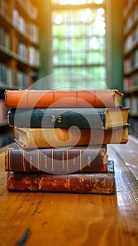 Scholarly collection Book stack on a wooden table background