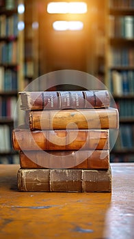 Scholarly collection Book stack on a wooden table background