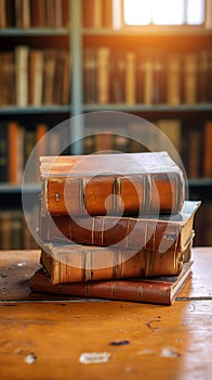 Scholarly collection Book stack on a wooden table background