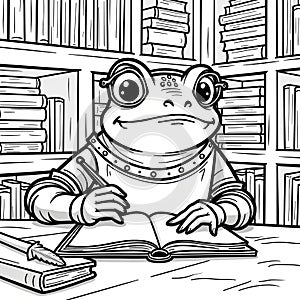 Scholarly Frog Reading Book in Library Study