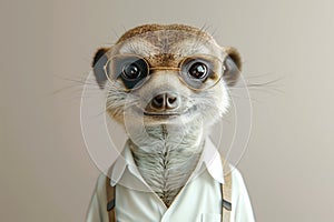 Scholarly meerkat with glasses in a white shirt, concept of education. photo