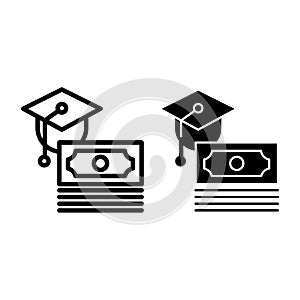 Scholarship line and glyph icon. Paid for education vector illustration isolated on white. Money and graduate cap