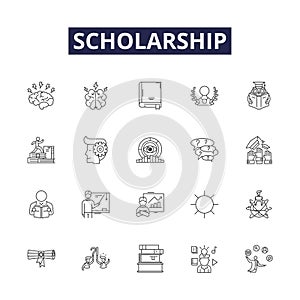 Scholarship line vector icons and signs. Award, Fund, Subsidy, Bursary, Endowment, Prize, Stipend, Financing outline