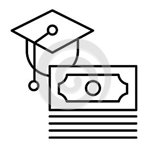 Scholarship thin line icon. Paid for education vector illustration isolated on white. Money and graduate cap outline