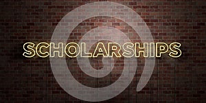 SCHOLARSHIPS - fluorescent Neon tube Sign on brickwork - Front view - 3D rendered royalty free stock picture