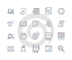 Scholastic devices line icons collection. Tablet, Laptop, E-reader, PC, Notebook, Smartboard, Chromebook vector and photo
