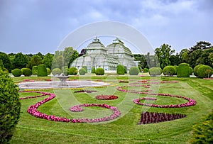 Schonbrunn Palace Gardens in Vienna with Palmenhaus entranc