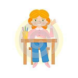 Schoogirl raising hand flat vector illustration.