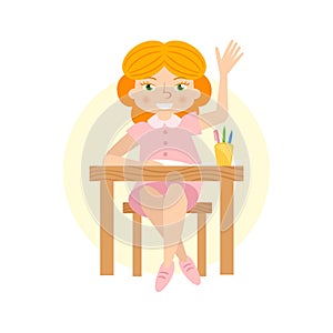 Schoogirl raising hand flat vector illustration.