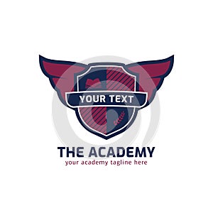 School academy course shield logo emblem with eagle wing and book vector illustration badge