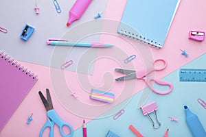 School accessories on colorful background. Back to school concept, minimalism
