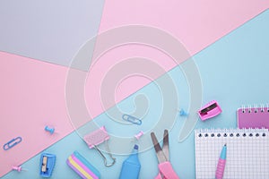 School accessories on colorful background with copy space. Back to school concept, minimalism