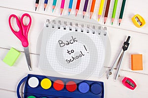 School accessories for education on white boards, back to school in notepad