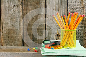 School accessories. On wooden background.