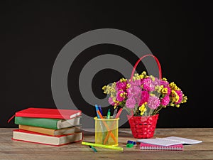 School accessories on a wooden table. School theme.
