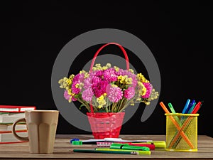 School accessories on a wooden table. School theme.