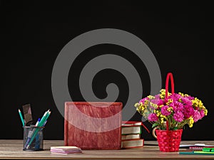 School accessories on a wooden table. School theme.