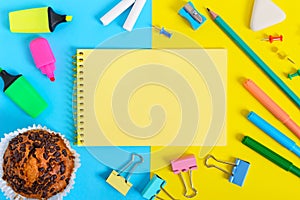 School accessories on a yellow-blue bright background.