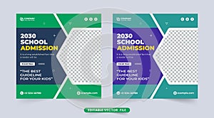 School admission social media post template with green and dark colors. Education web banner template vector for schools. Creative