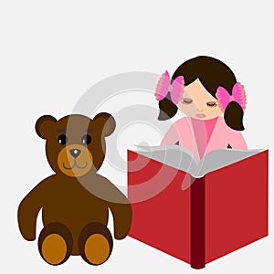 A school-age girl is reading a book to her teddy bear friend