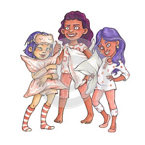 School-age girls in pajamas with pillows, ready for slumber party. Watercolor cartoon characters for t-shirts design