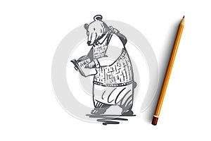 School, animal, bear, read, book concept. Hand drawn isolated vector.