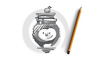 School, animal, hedgehog, book, apple concept. Hand drawn isolated vector.