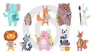 School animals. Funny zoo kids with backpacks and other school equipment squirrel elephant bear fox vector characters