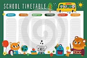 School animals timetable. Educational week planner. Students characters. Koala with books. Primary school document