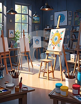 an school art studio in fantasy world, anime artistic studio style