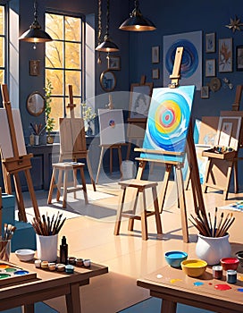 an school art studio in fantasy world, anime studio stylist