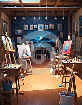 an school art studio in fantasy world, anime stylation