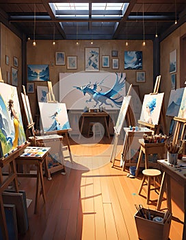 an school art studio in fantasy world, anime stylist