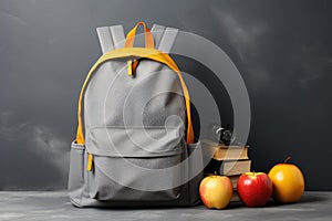 School backpack with books and apples on table against dark background. Back to school, Backpack with school supplies on a gray