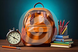 School backpack with books and clock, pencils on table. Generative AI
