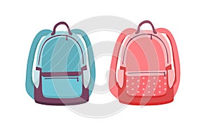 School Backpack. Empty Template Mockup Set of rucksack. Vector illustration. backpack blue for boys and pink for girls