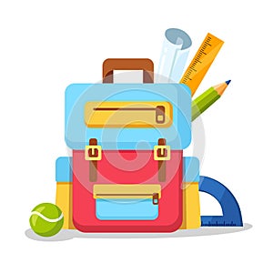 School backpack icon. Kids rucksack, knapsack isolated on white background. Bag with supplies, ruler, pencil, paper. Pupil satchel