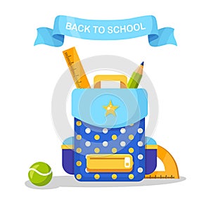 School backpack icon. Kids rucksack, knapsack isolated on white background. Bag with supplies, ruler, pencil, paper. Pupil satchel