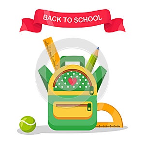 School backpack icon. Kids rucksack, knapsack isolated on white background. Bag with supplies, ruler, pencil, paper. Pupil satchel