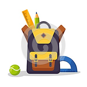 School backpack icon. Kids rucksack, knapsack isolated on white background. Bag with supplies, ruler, pencil, paper. Pupil satchel